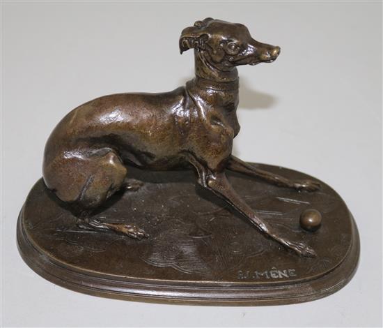 After P.J.Mene. A bronze model of the whippet Juno, 6in.